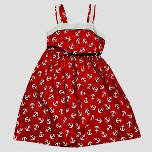 NWT Deadstock Emily West Red White Anchor Print Kids Dress Navy Belt Nautical